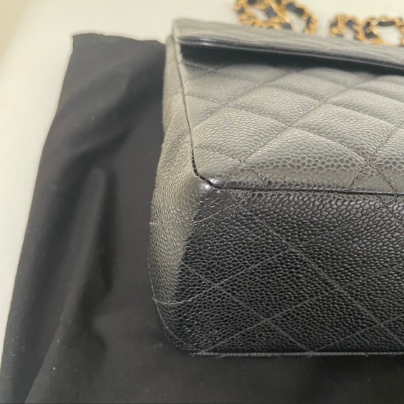 Sold 24k gold plated Black Chanel Caviar Jumbo single flap bag - Picture 6 of 17